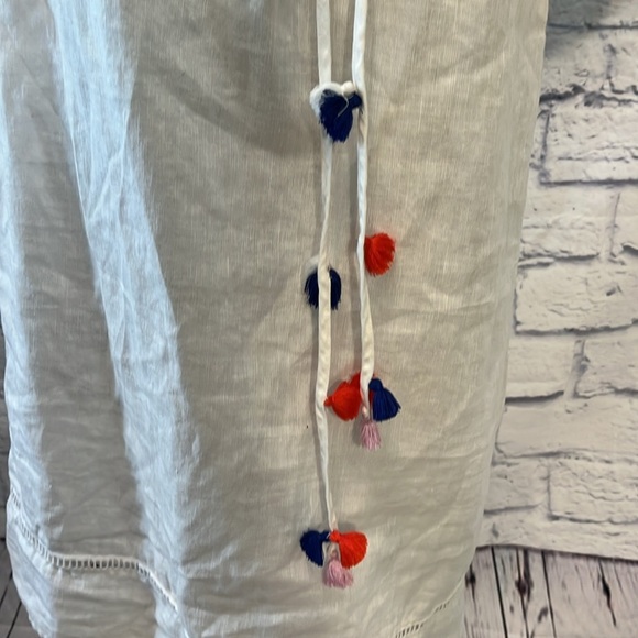 J Crew Dress CoverUp White w Pompoms Linen Blend Embroidered Trim Size Small - Picture 4 of 11